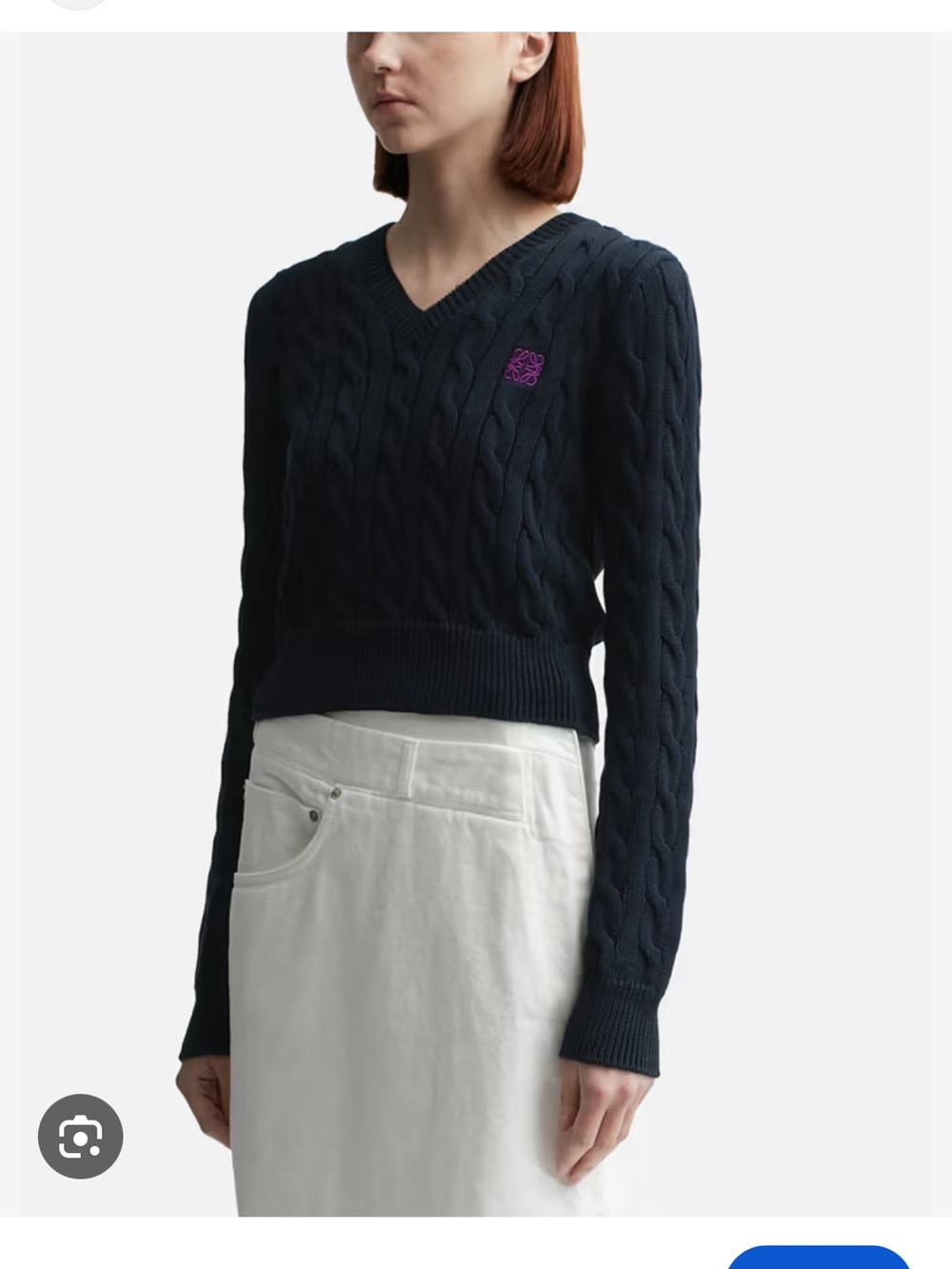 Loewe Navy Cable-Knit V-Neck Sweater with Purple Logo